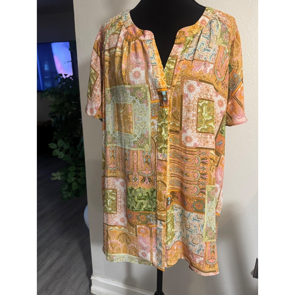 Boho Patchwork Paisley V-Neck Tunic Blouse Short Sleeve Orange Green